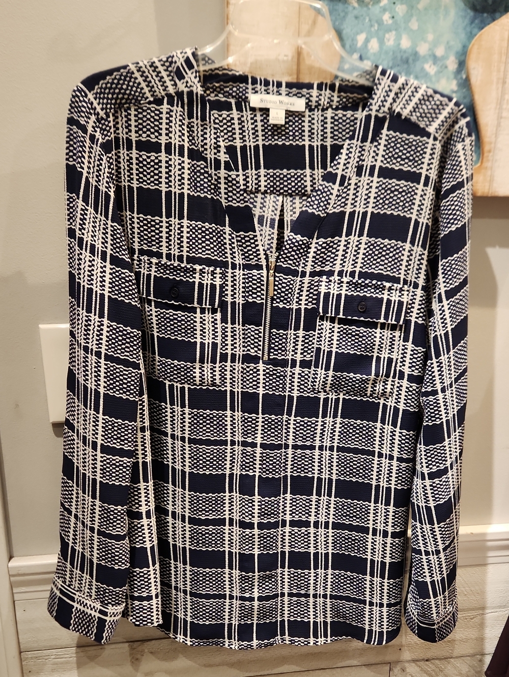 Studio Works Navy and White Plaid Zip-Front Tunic Sz L
